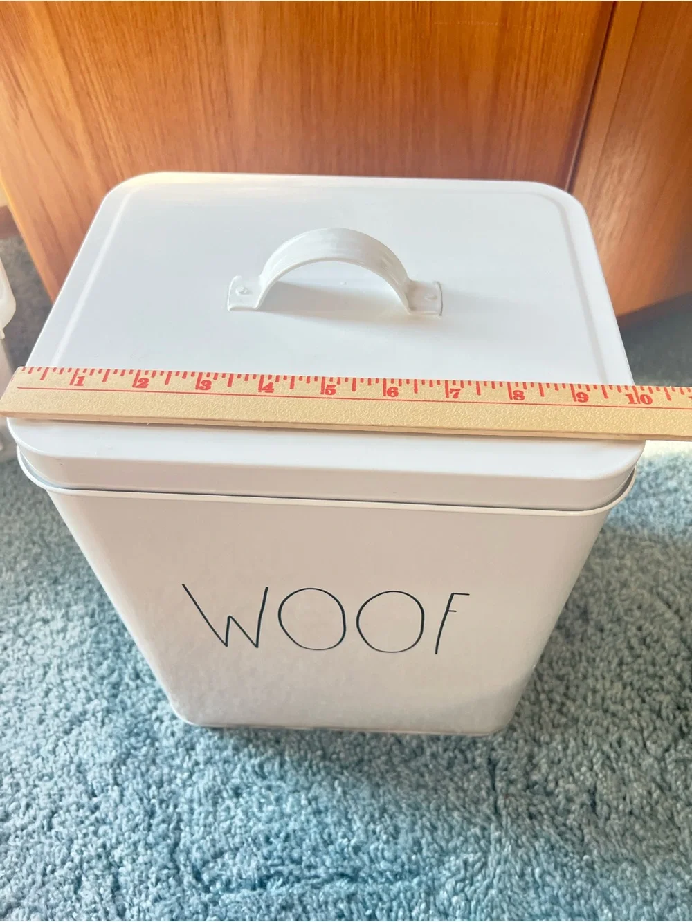 Rae Dunn White 'WOOF' Metal Dog Treat Canister Toy Container